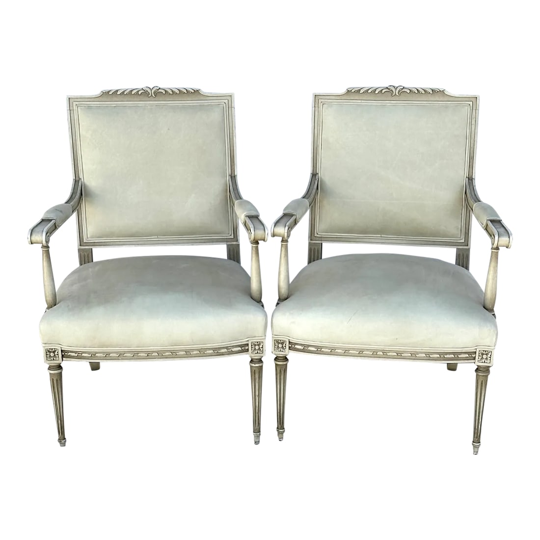 Louis XVI Maison Jansen Style Leather Arm Chairs-A Pair: Beautiful Greige Leather/Suede like fabric Louis XVI Maison Jansen style arm chairs. Super soft leather almost like a suede. Perfect for a RH look or a chic Paris look. Love these chairs, recently