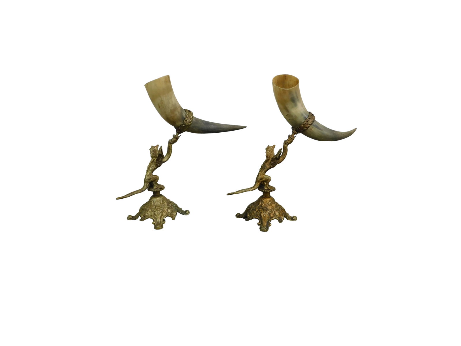 Antique Bronze Dragon Sculpture With Horn Vases: High Quality Antique Bronze Dragons Holding Real Horns Condition: Alterations: Original Condition Unaltered Imperfections: Some Imperfections Condition Notes: Clean Pre-Owned Condition. Materials &