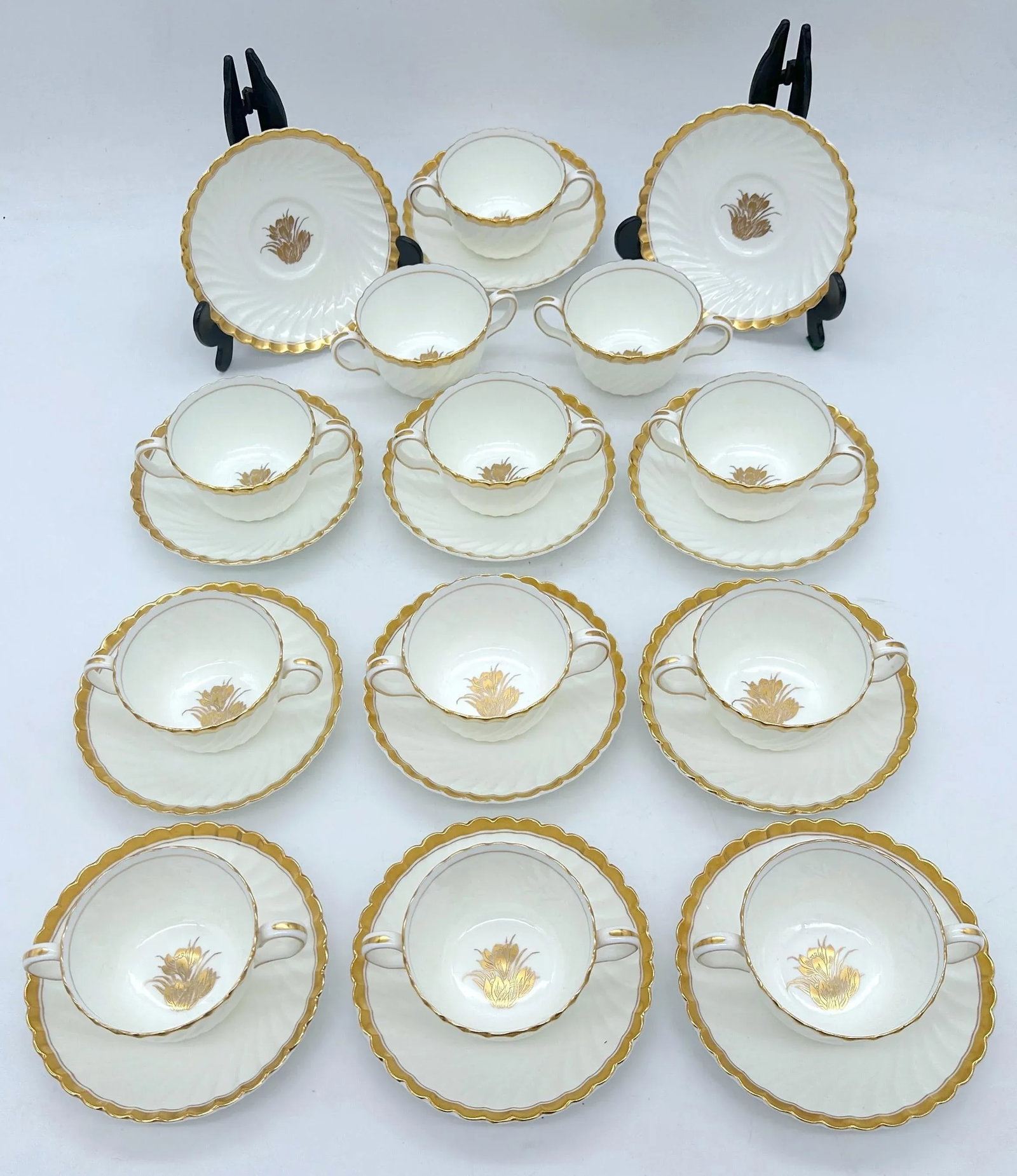 12 Tiffany & Company Mintons 'Gold Crocus' Pattern Twin handled Cups & Saucers - 3