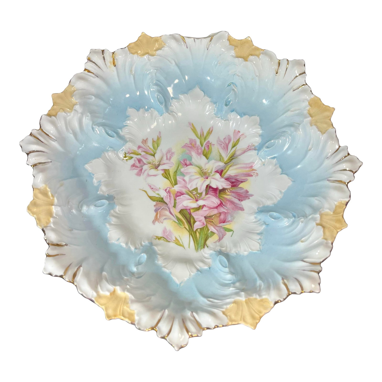 Antique Scalloped Porcelain Hand Painted Berry Bowl: Fine antique porcelain berry bowl with exceptional detail. Colors of white, soft blue, and pink with a hand painted floral centerpiece. Condition: Alterations: Original Condition Unaltered