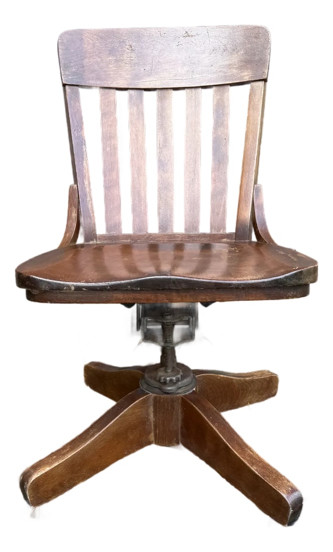 Early 20th Century Solid Oak Swivel, Reclining Vintage Rolling Office Chair - Made in Usa by Pd Derb: Pleased to offer for sale this great antique Derby oak office swivel desk chair. P Derby & CO of Gardner, Ma and New York City! This solid oak wonder with cast iron hardware rolls, reclines and