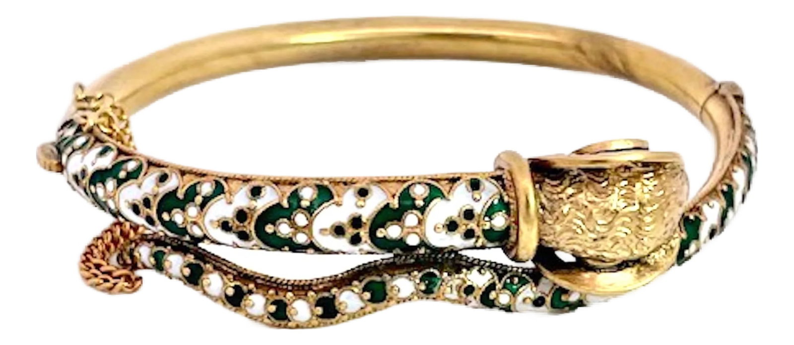 1950s Enamel Ram Bracelet 14k: This enamel Rams head bracelet is done in enamel with textured details. The back is smooth the front is highly detailed. This fits a size 6.5 wrist and it weighs 27.60 grams. The Rams body is green