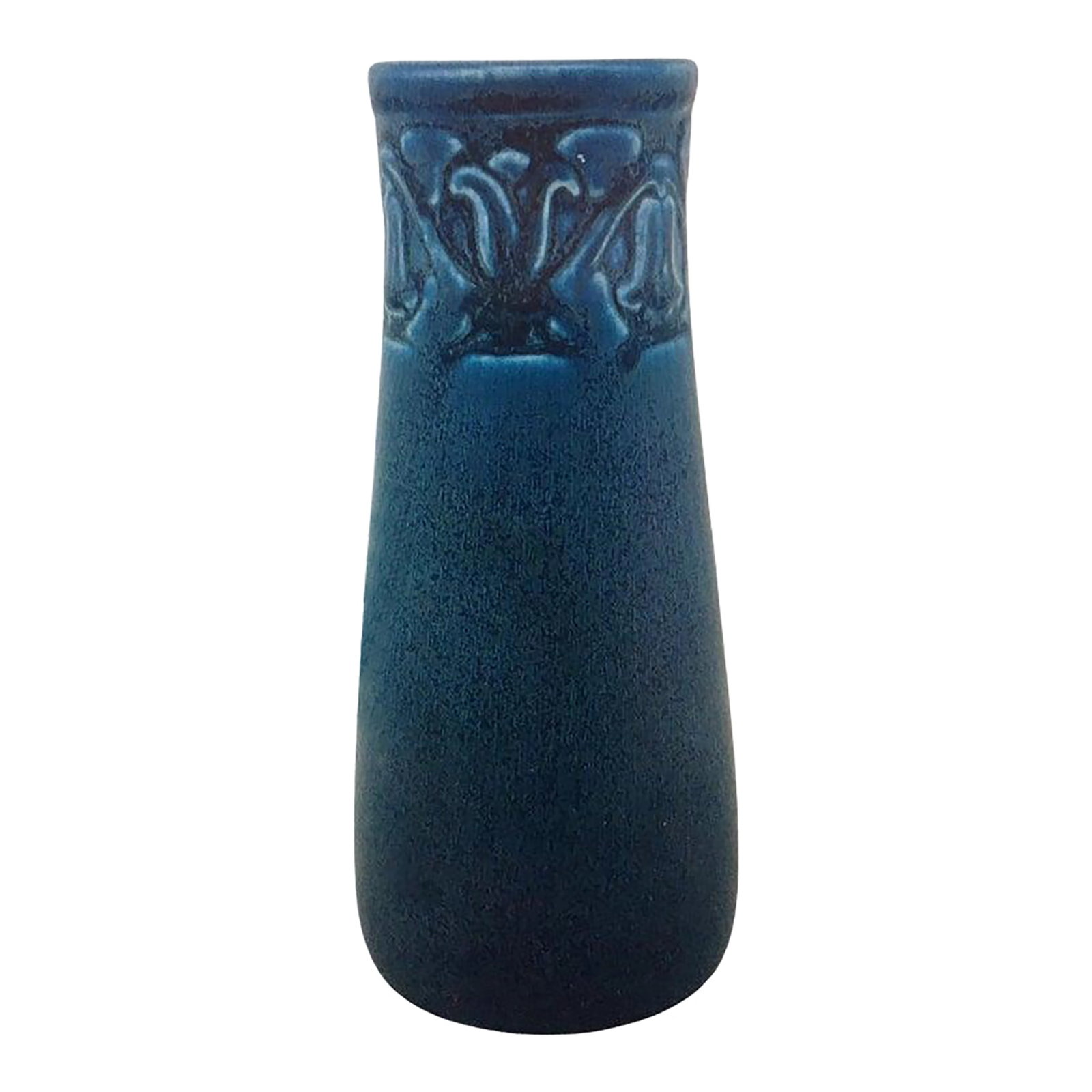 Rookwood American Art Pottery Aerial Blue Bellflower Design Bud Vase C1928: This lovely American Art Pottery bud vase features a charming bellflower motif and is in a striking Aerial blue, a "soft, pure, breezy bay blue with a twilight blue undertone color." Signed on the