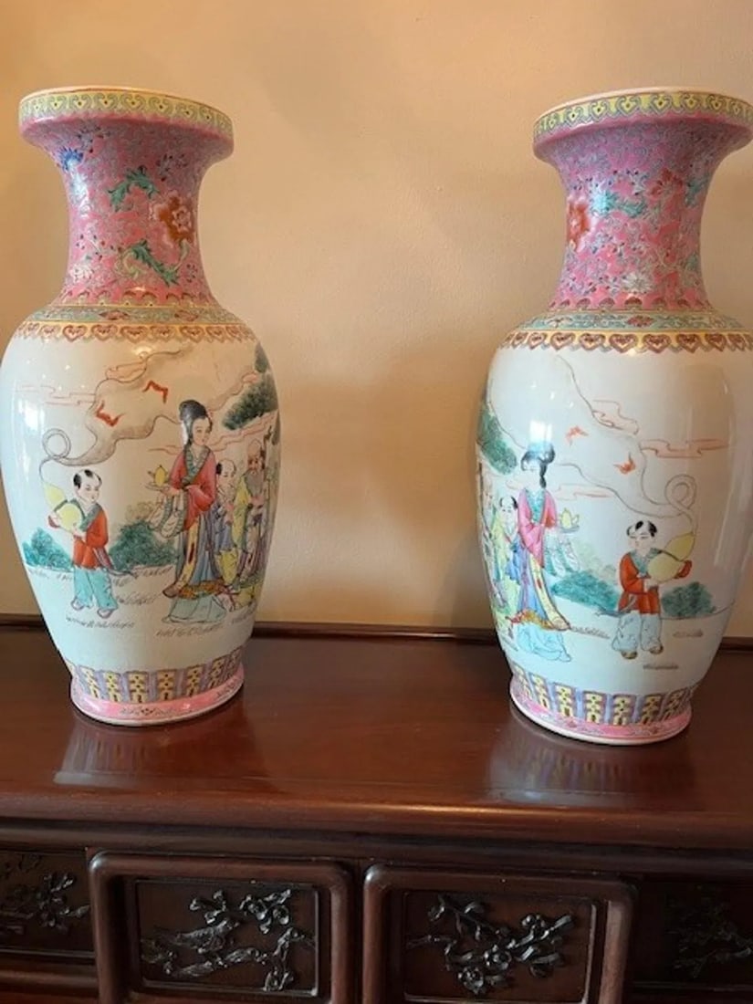 Stunning Matched Pair of 20-Inch Chinese Famille Rose Porcelain Vases - 18