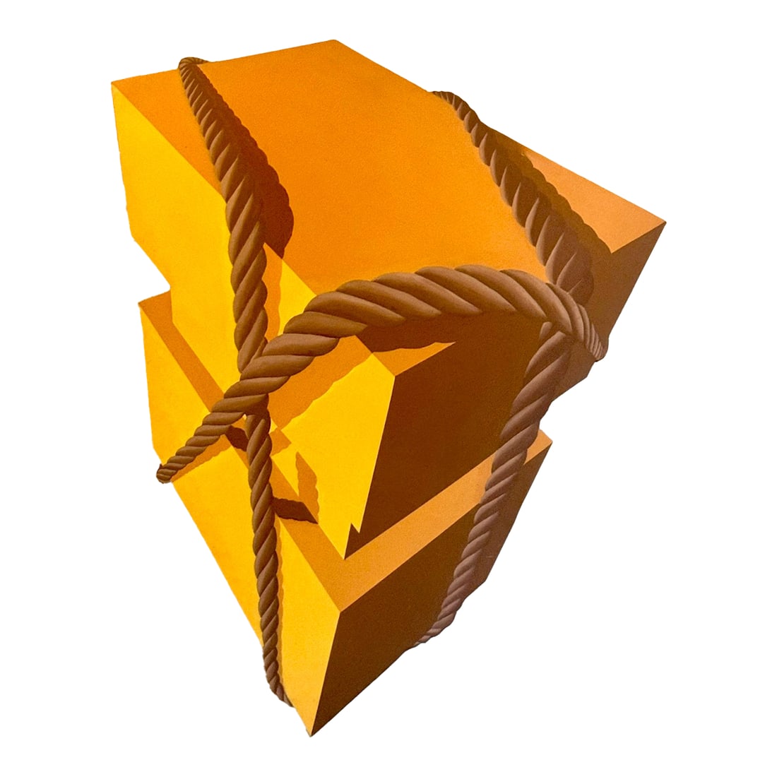 1970s Large Trompe l'Oeil Shaped Canvas Painting "” Rope-Bound Package in Yellow & Ochre,: A striking and monumental trompe l'oeil shaped canvas painting depicting a geometric, angular package bound with heavy twisted rope. The canvas has been custom-cut to the silhouette of the bound