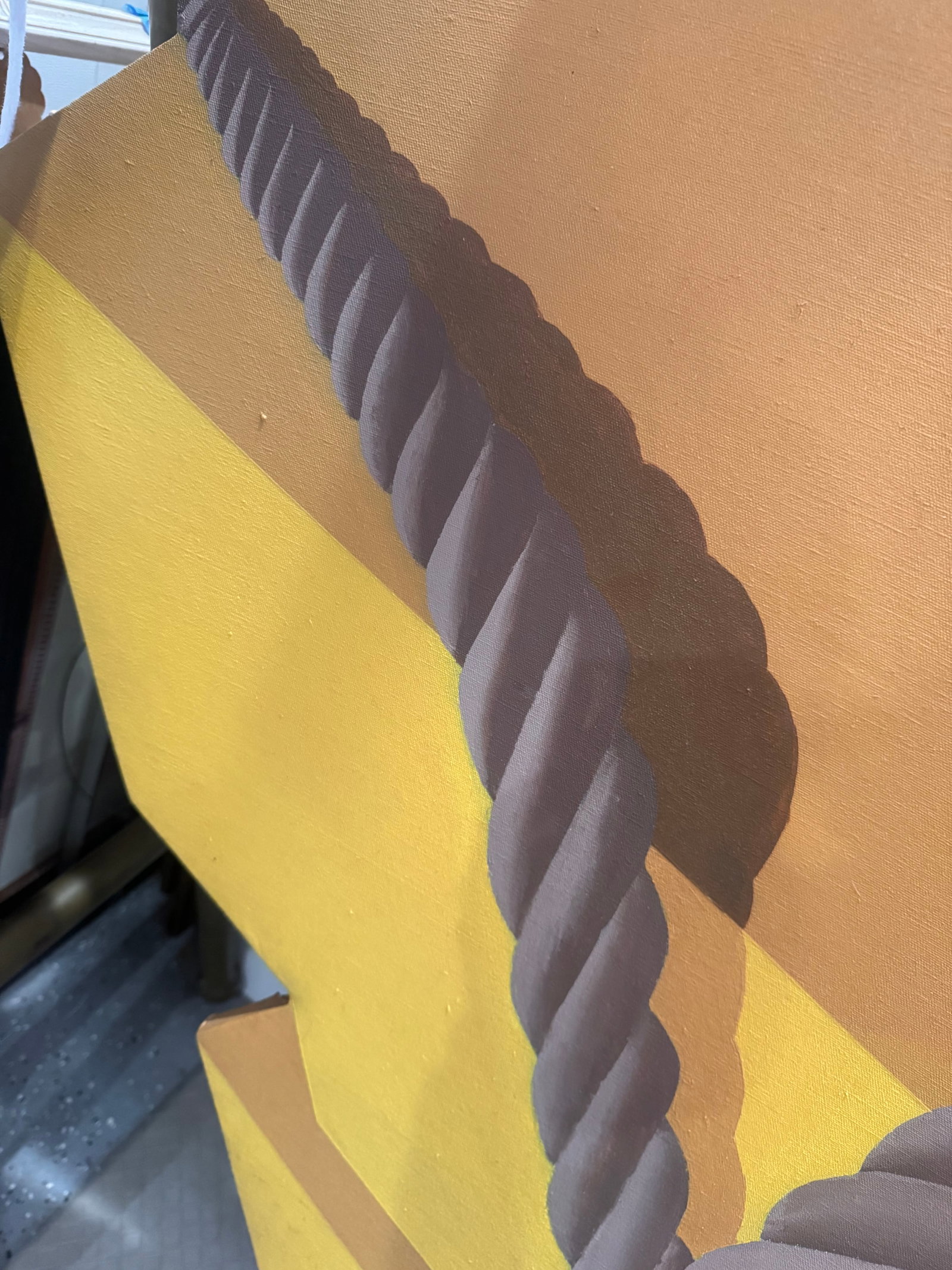 1970s Large Trompe l'Oeil Shaped Canvas Painting "” Rope-Bound Package in Yellow & Ochre, - 5