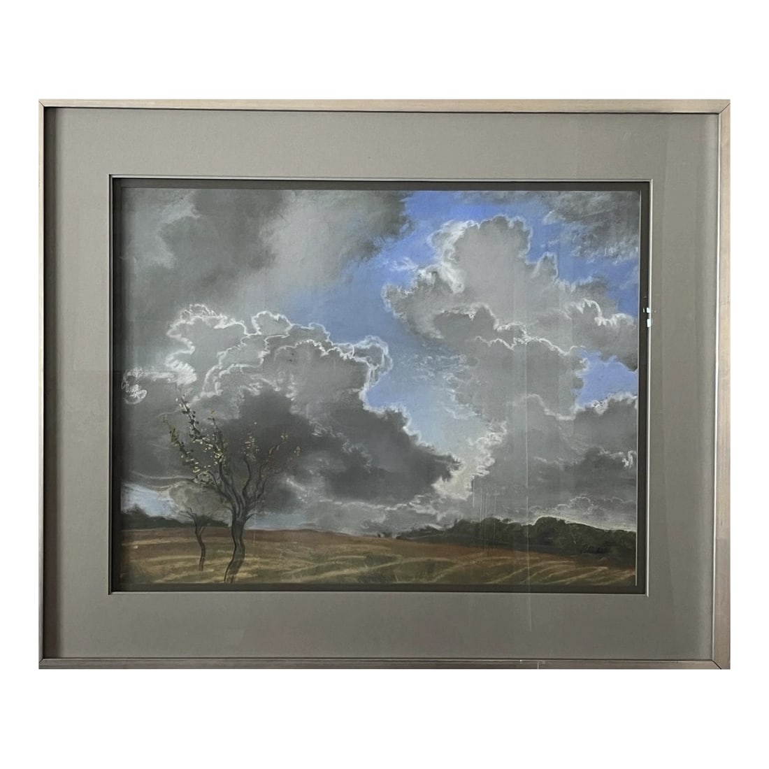 Late 20th Century David Palladini Original Landscape Painting - Dramatic Clouds & Trees 34x28: This is a stunning original landscape painting by renowned artist David Palladini. Known for his masterful use of light and atmosphere, Palladini captures a fleeting moment of natural drama in this