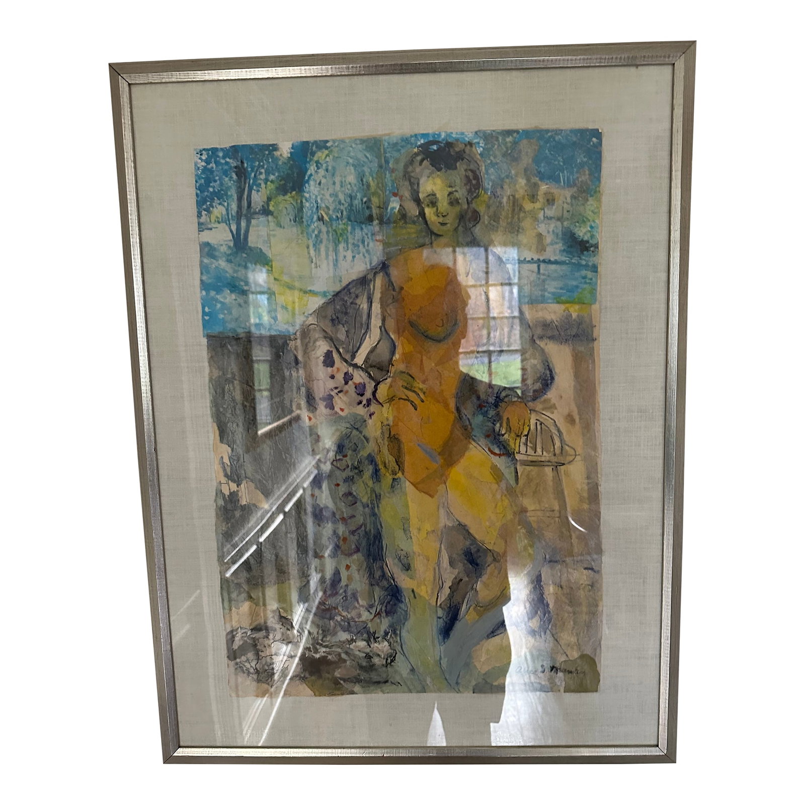 1970s Alice S. Manning "Untitled (Seated Woman in Garden)" Mid-Century Signed Watercolor & Gouache C: A unique, signed mid-20th century American figurative work on paper by Alice S. Manning, combining watercolor, gouache, and layered collage. The composition depicts a seated woman in a garden setting