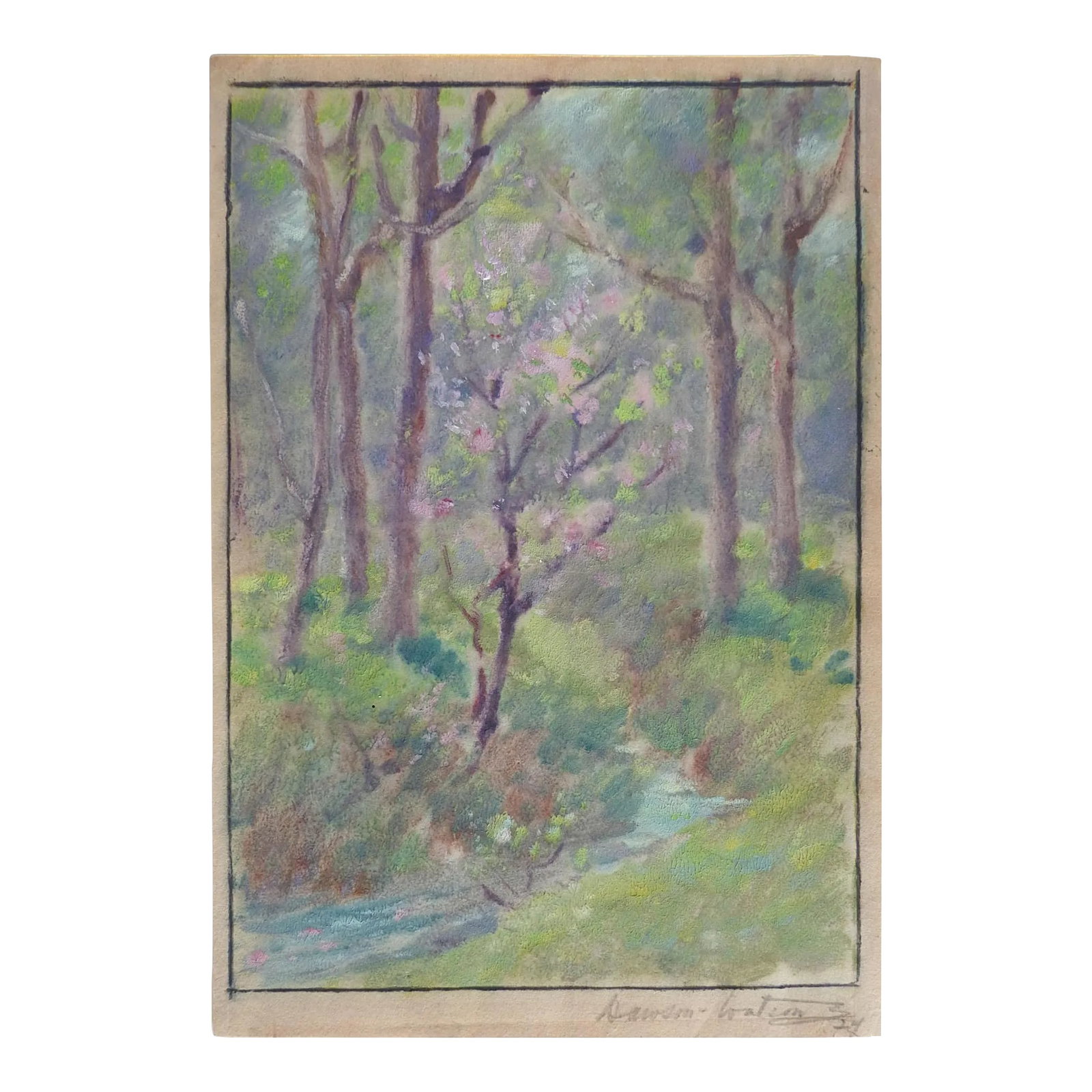 Vintage 1924 Dawson Dawson-Watson Forest Stream Painting: Vintage 1924 oil on paper painting by Dawson Dawson-Watson (1864–1939) early Texas artist. Signed and dated 1924 in pencil lower right margin. Scene is of a small stream among pink flowering tre