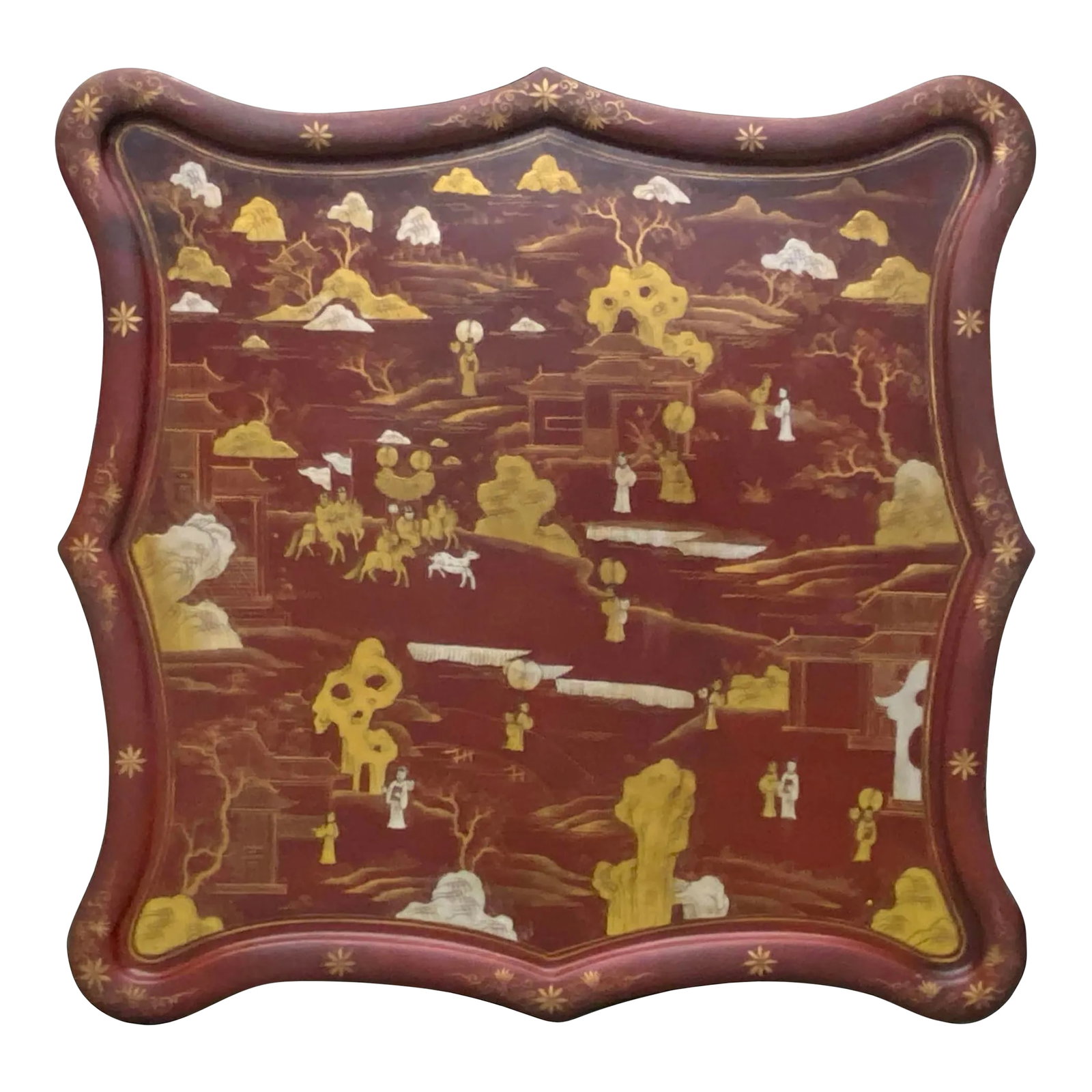 Chinese Ox Blood Red Brown Lacquer Golden Scenery Square Tray Display Art: This is a square ( with curve ) tray with rustic pattern ox blood red-brown lacquer base color. The surface is painted with yellowish golden colorful chinoiserie style graphics and an oriental