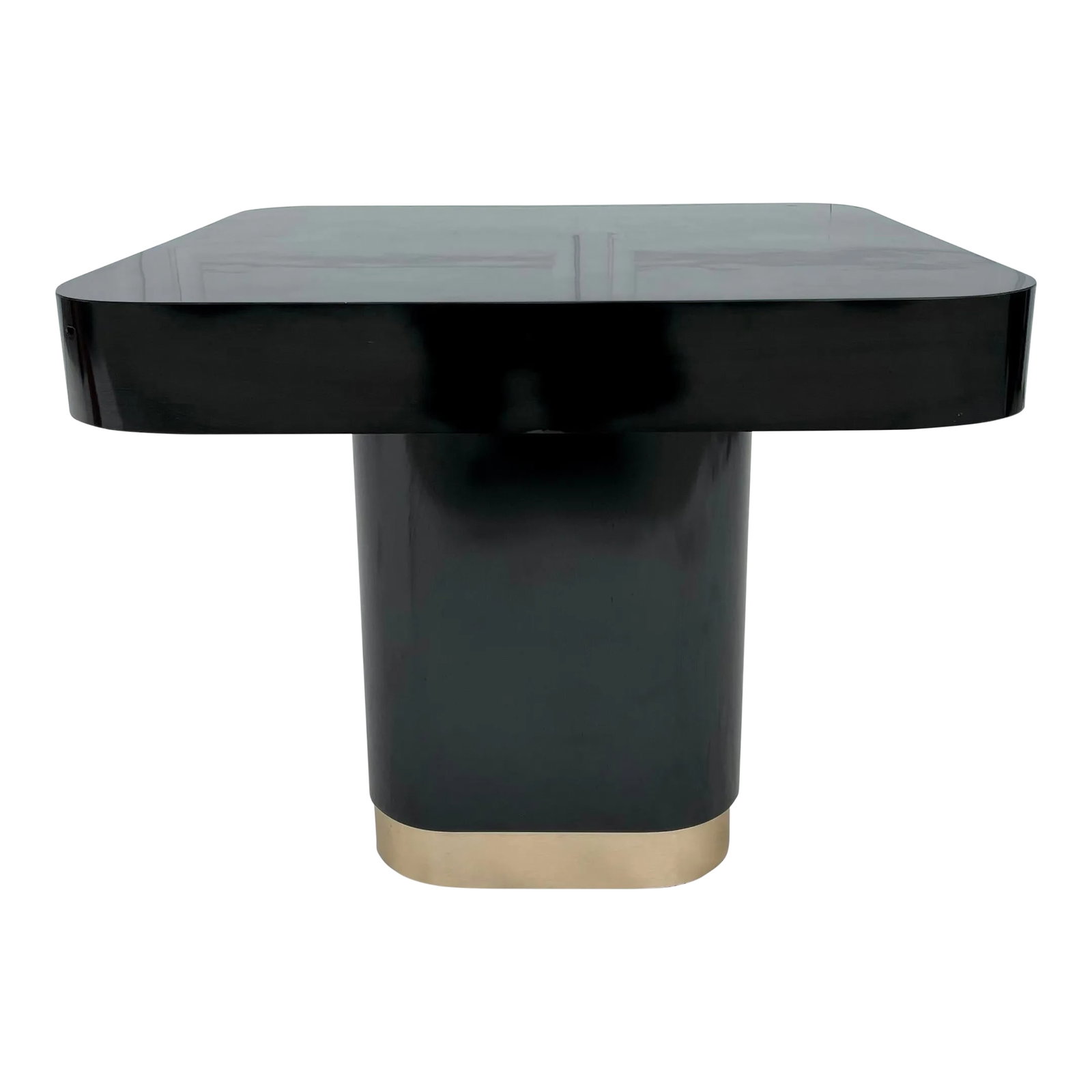1980's Postmodern Black and Gold Laminate Pedestal Side Table: Here is a beautiful black laminate side table from the 1980's in Postmodern style! It has a really solid wood interior, so it's not a dinky piece - this is nice and heavy, and well-made. The table