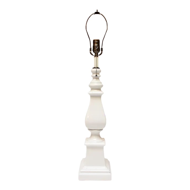 Vintage Porcelain Pillar Table Lamp: Neoclassical-style 'column' table lamp with stepped base in a glossy off-white glaze (ca. 1970s, USA). Excellent, vintage condition. Newly rewired with added socket and pull on/off switch. Height of