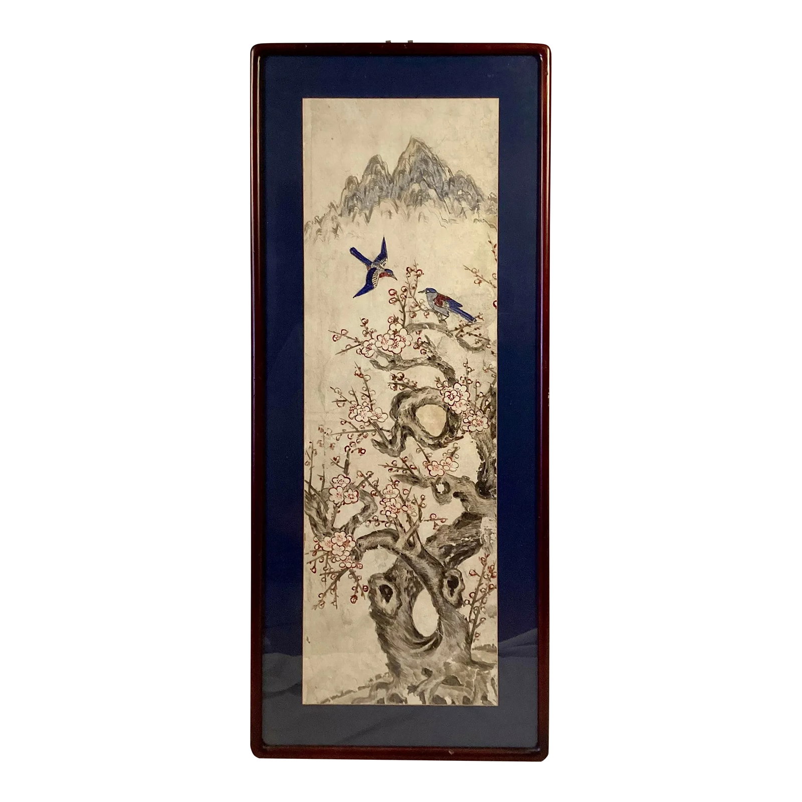 19th Century Chinese Cherry Blossom Painting: 19th century Chinese painting with cherry blossoms, birds, and mountains. Navy matting with dark wood frame. Colors in picture are blue, pink, gray on a cream background. Condition: Alterations: