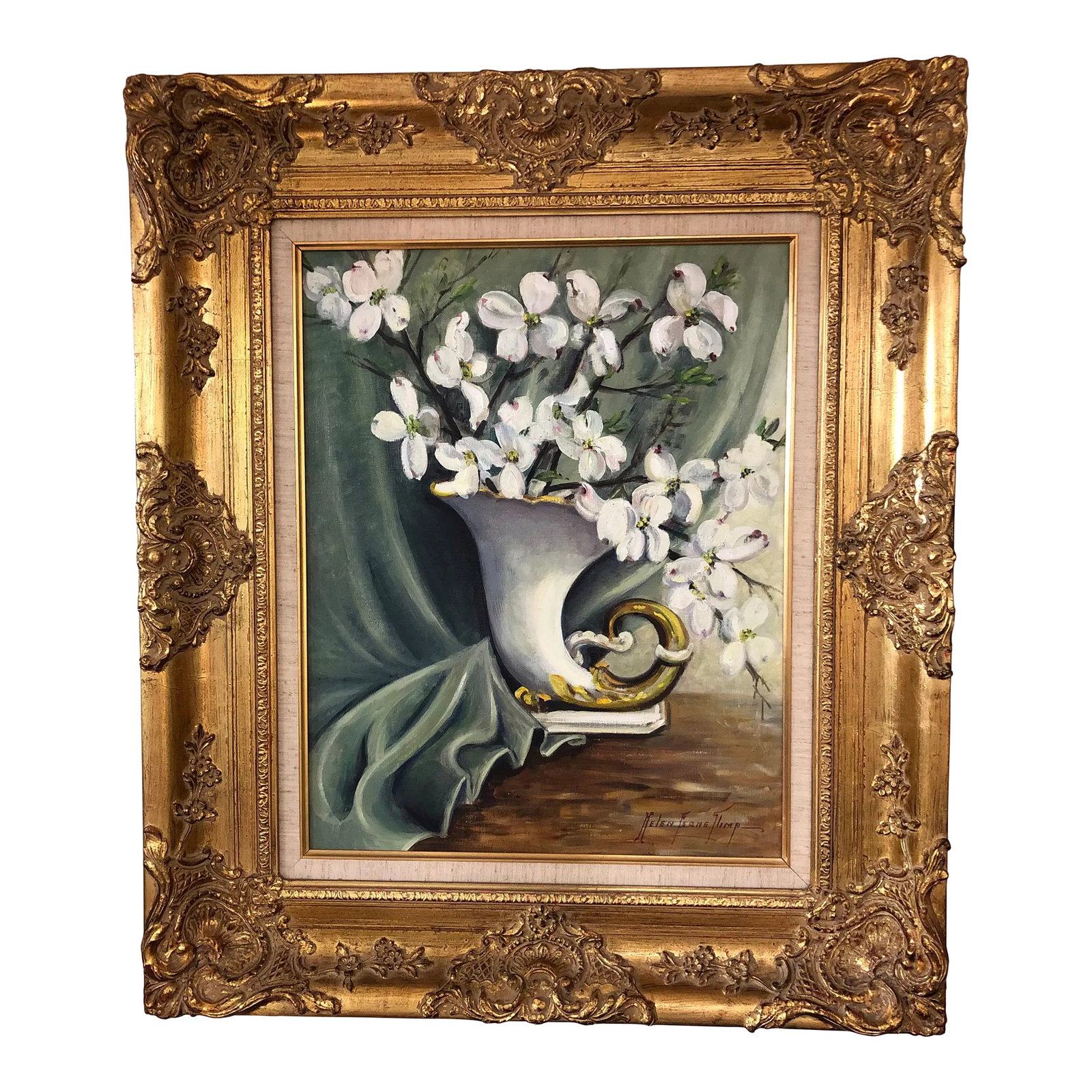 Original Oil Painting by Helen Ferne Slimp in Ornate Gilded Frame: Lovely original oil on 16 x 20 canvas by American artist Helen Ferne Slimp (1890-1995) having horn shaped vase with cascading white dogwoods. The ornate lemon gilt frame is Belgian and exceptional.