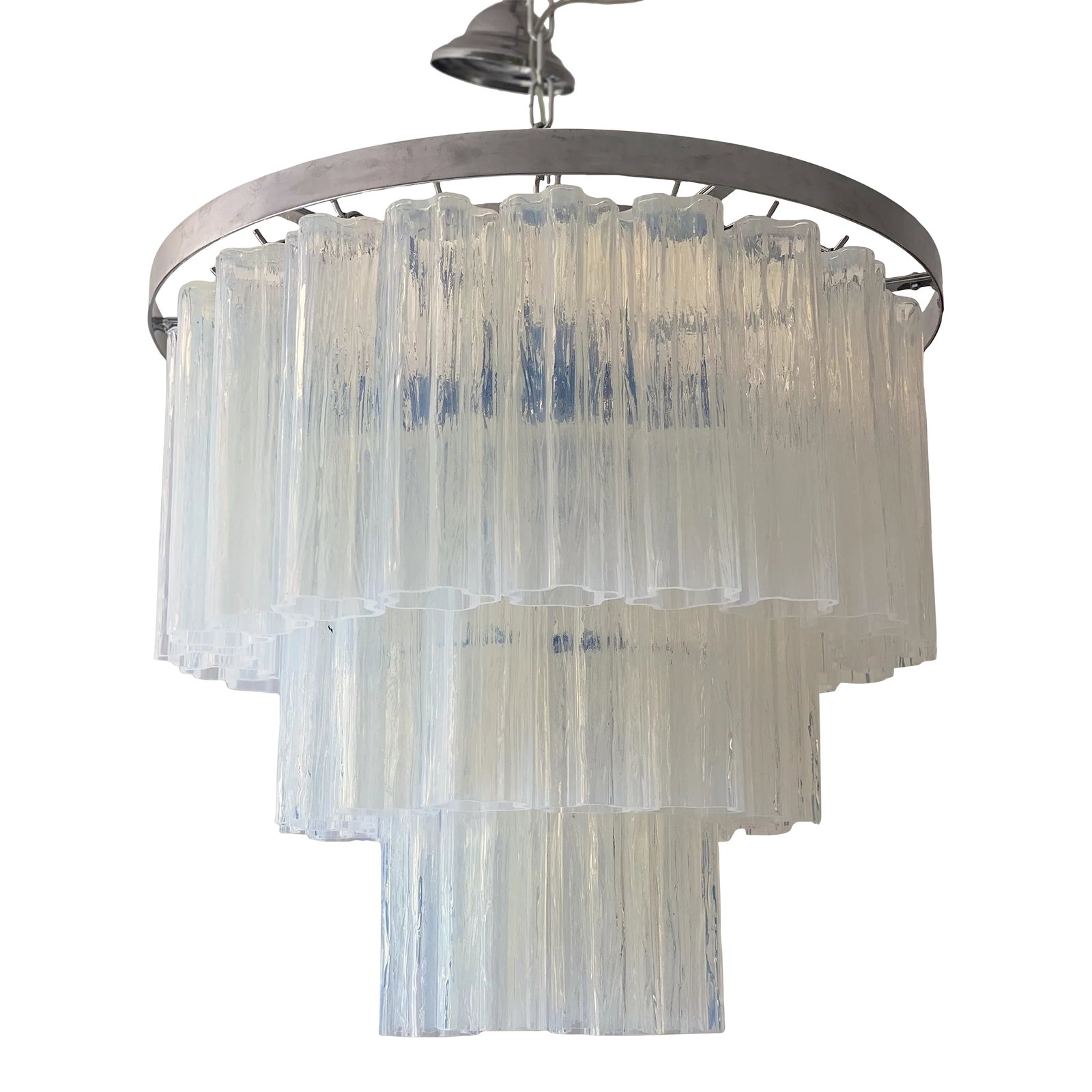 Contemporary Opalino Murano Glass "Tronchi" Chandelier: Contemporary opalino "Tronchi" Murano Glass Chandelier in Venini Style Rare opalino "TRONCHI" Murano glass Chandelier with a chromed belt. "Tronchi"are blown inside a wooden mold, into which the hot g