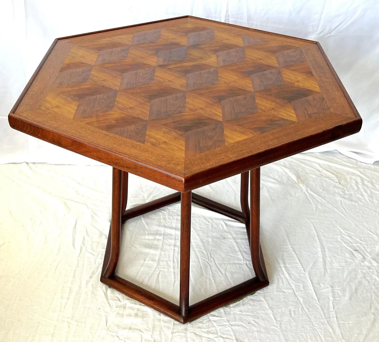 Mid Century Modern Walnut Parquet Hexagon Table by Hong Kong Teakwood Works - 13