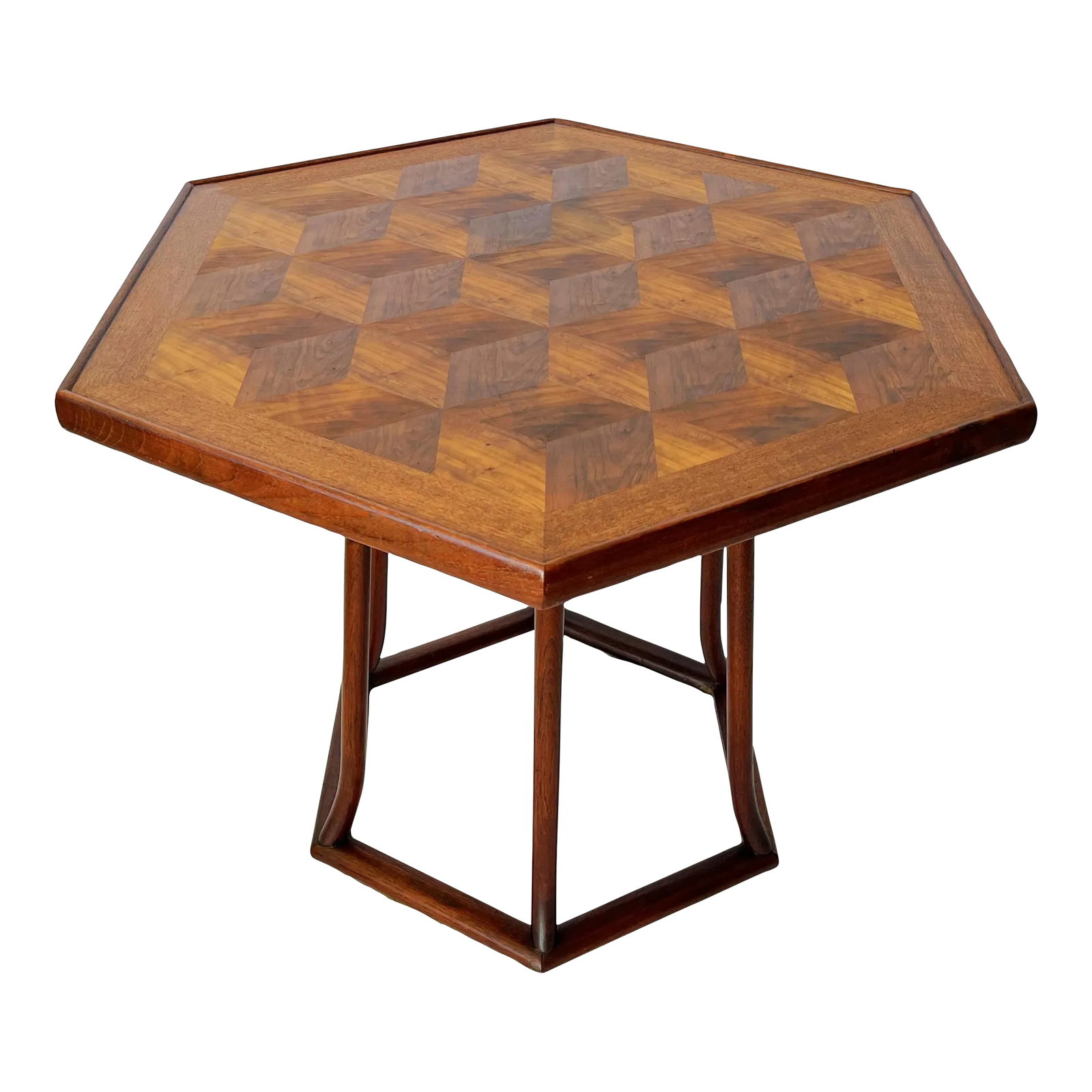 Mid Century Modern Walnut Parquet Hexagon Table by Hong Kong Teakwood Works: Very cool mid century modern occasional table. The piece has a hexagon shaped top with parquet inlays that look like three dimensional boxes. The top is trimmed with wood, and finished with sleek