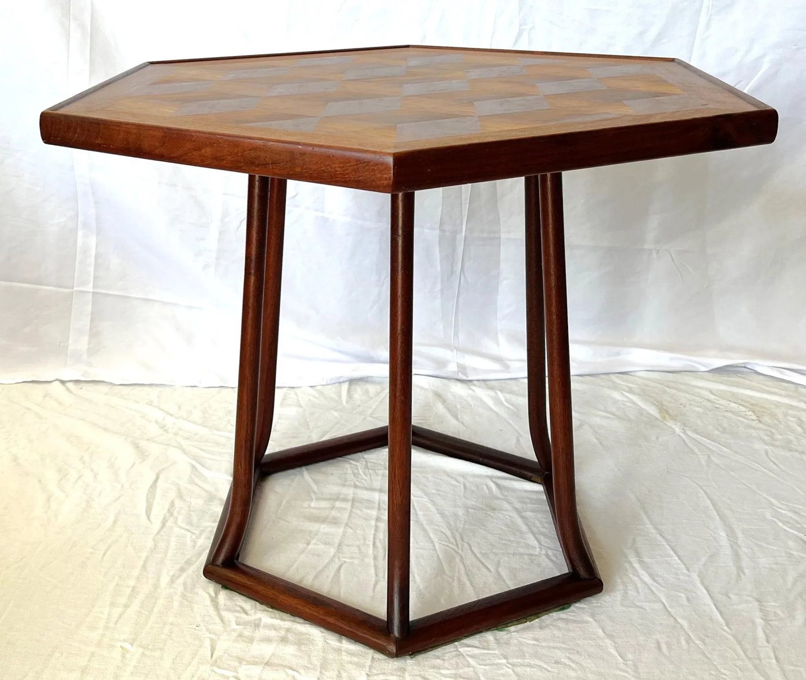 Mid Century Modern Walnut Parquet Hexagon Table by Hong Kong Teakwood Works - 2