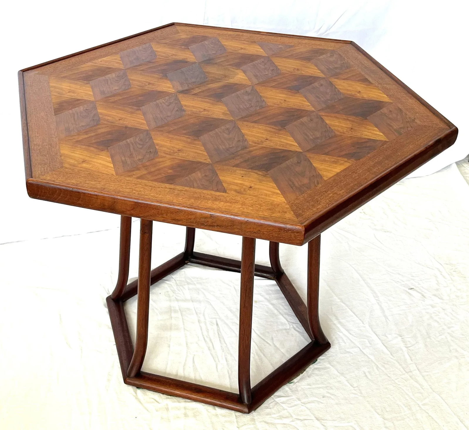 Mid Century Modern Walnut Parquet Hexagon Table by Hong Kong Teakwood Works - 3