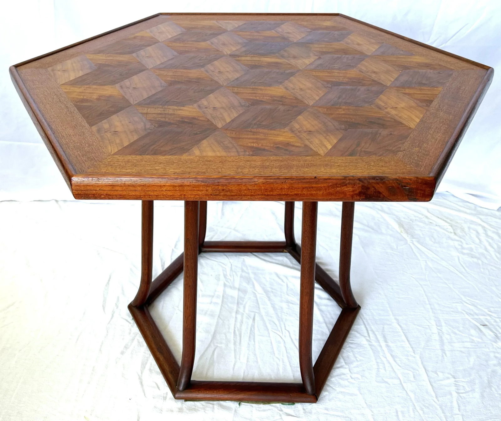 Mid Century Modern Walnut Parquet Hexagon Table by Hong Kong Teakwood Works - 4