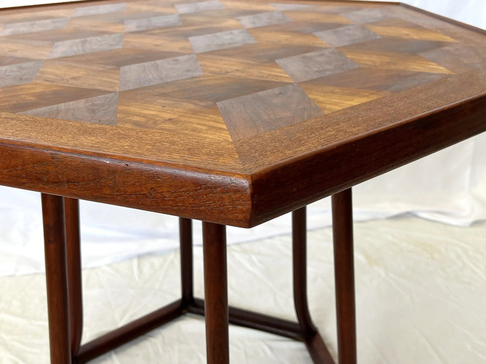 Mid Century Modern Walnut Parquet Hexagon Table by Hong Kong Teakwood Works - 5