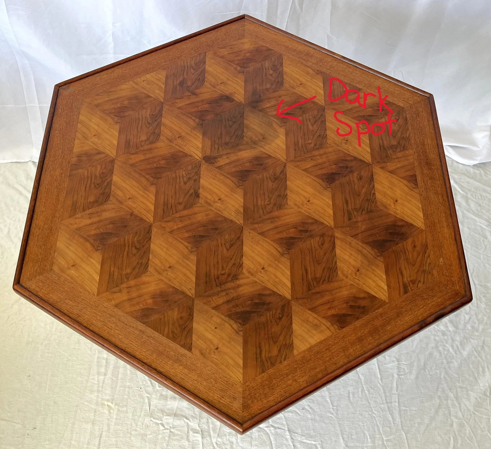 Mid Century Modern Walnut Parquet Hexagon Table by Hong Kong Teakwood Works - 9