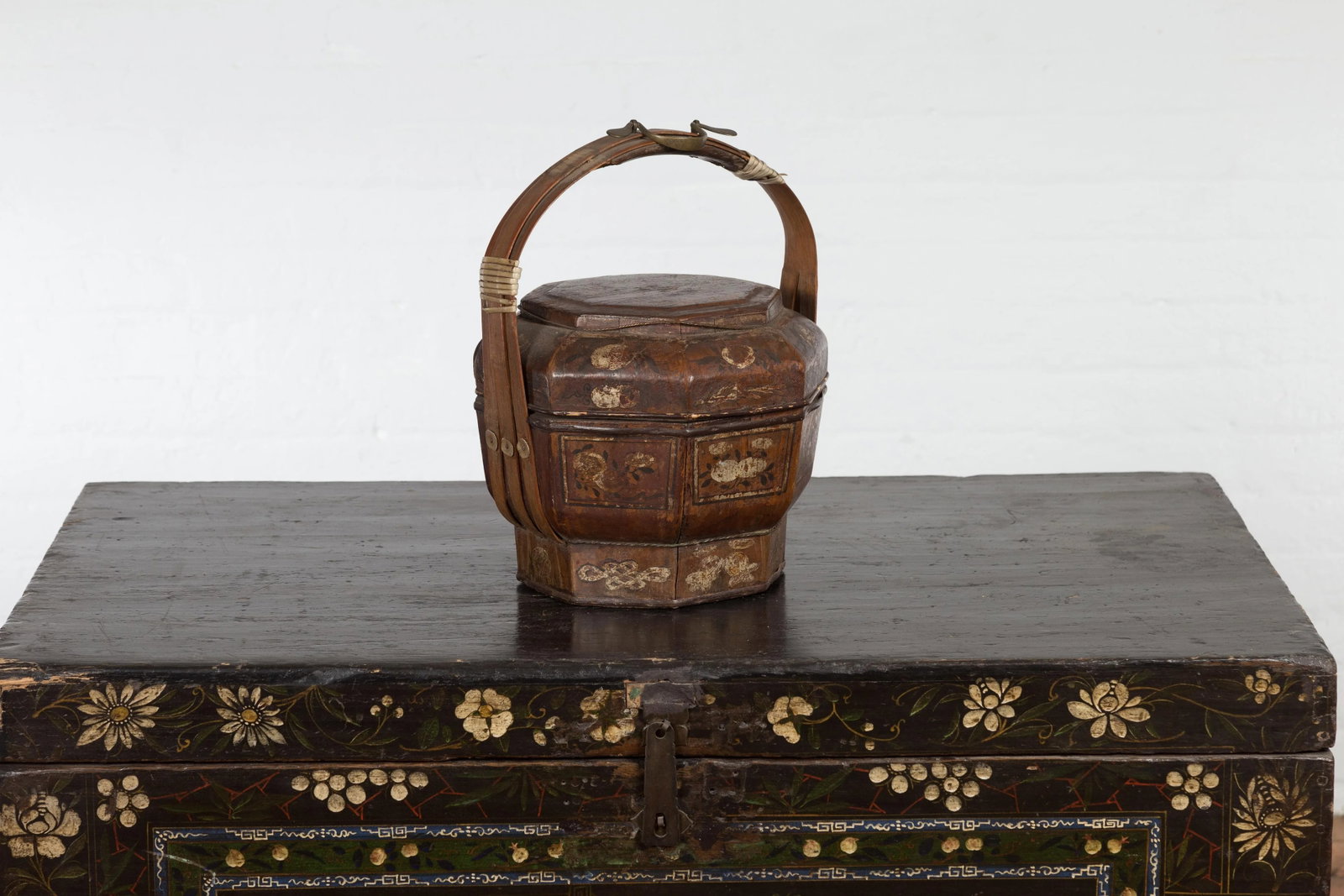 Chinese Antique Lacquered Gift Delivering Basket with Hand Painted Floral Décor - 12