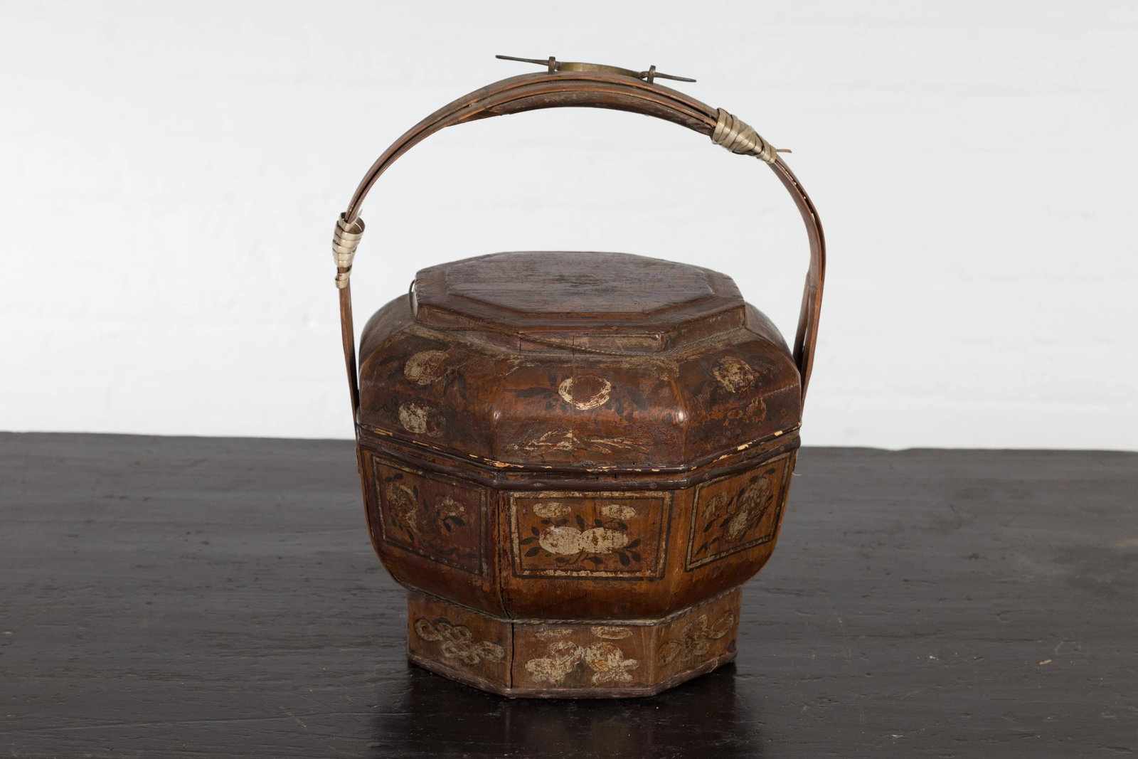 Chinese Antique Lacquered Gift Delivering Basket with Hand Painted Floral Décor - 2