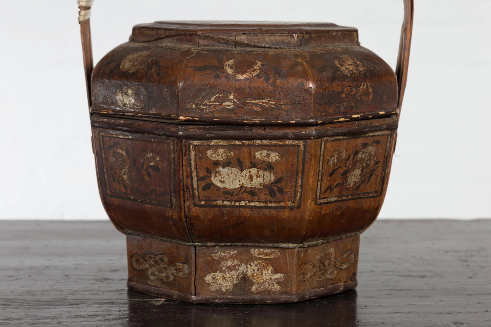 Chinese Antique Lacquered Gift Delivering Basket with Hand Painted Floral Décor - 9