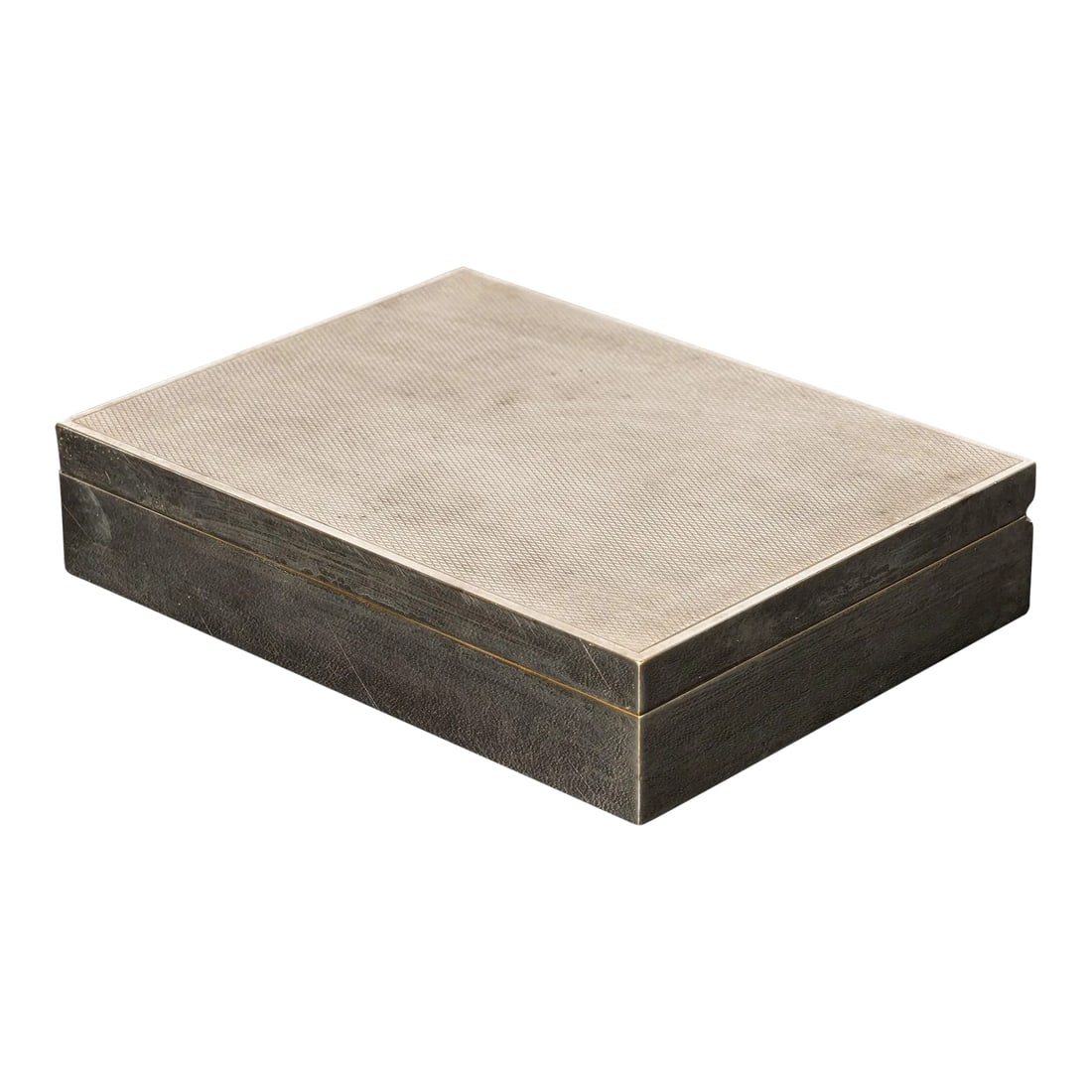 Midcentury French Etched Silver Plated Brass Decorative Box by Ravinet d'Enfert: Midcentury French etched silver plated brass decorative box by Ravinet D'Enfert, 1960s. Beautifully etched textured lid; lid and base have wood interior, divided storage compartments in bottom.