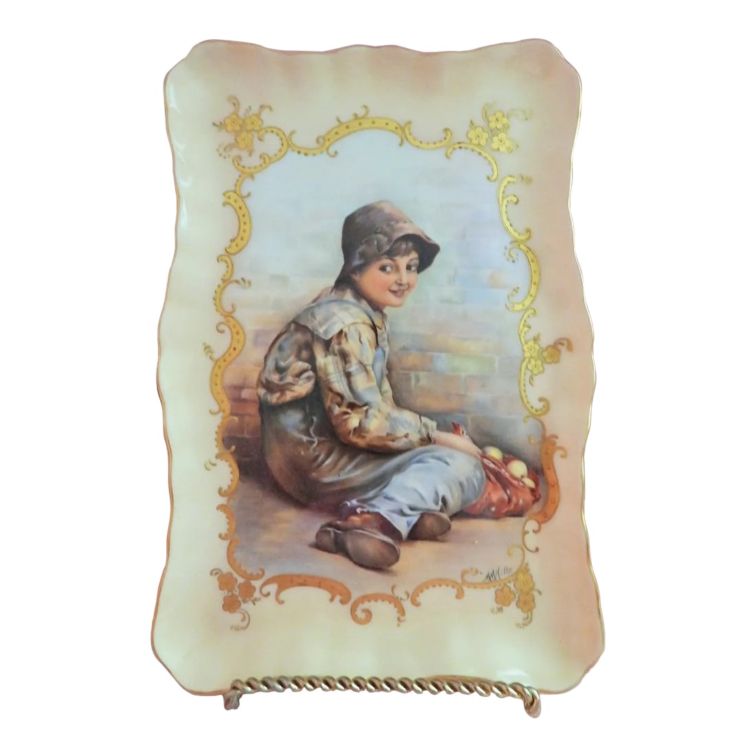 French Elite Limoges Hand Painted Apple Farm Girl Serving Tray Decorative Plaque Artist M M Hills 19: This marvelous antique serving tray or decorative plaque is created in gorgeous Limoges bisque porcelain and is hand painted with a delightful farm girl with a sack of apples. She is smiling demurely 