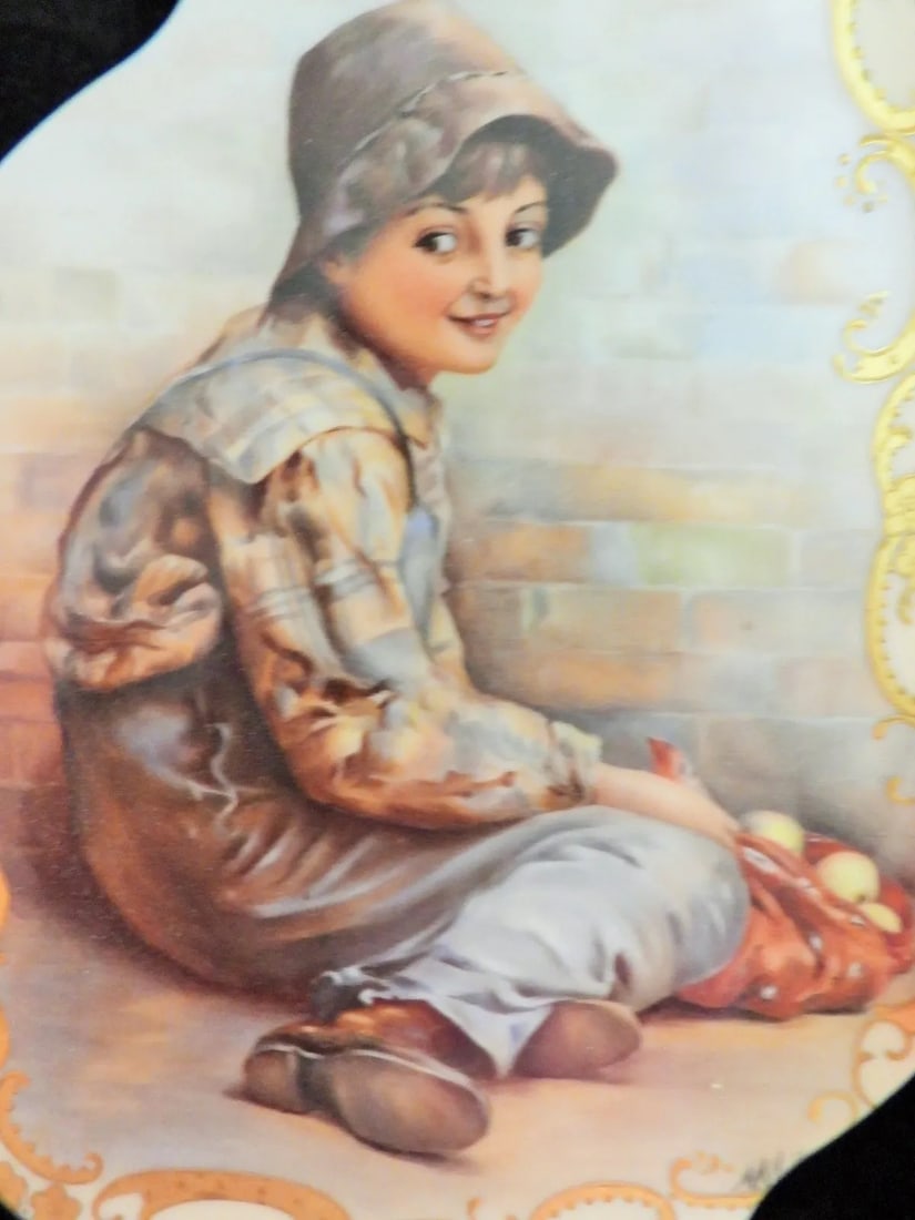 French Elite Limoges Hand Painted Apple Farm Girl Serving Tray Decorative Plaque Artist M M Hills 19 - 2