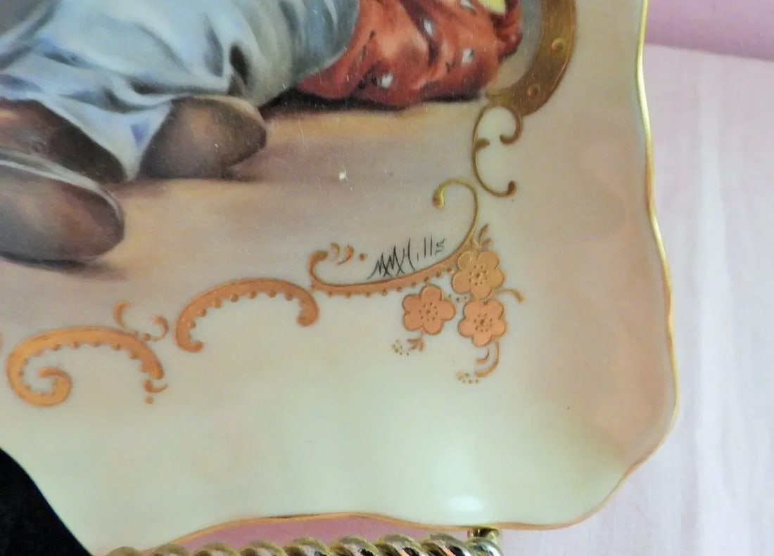 French Elite Limoges Hand Painted Apple Farm Girl Serving Tray Decorative Plaque Artist M M Hills 19 - 3