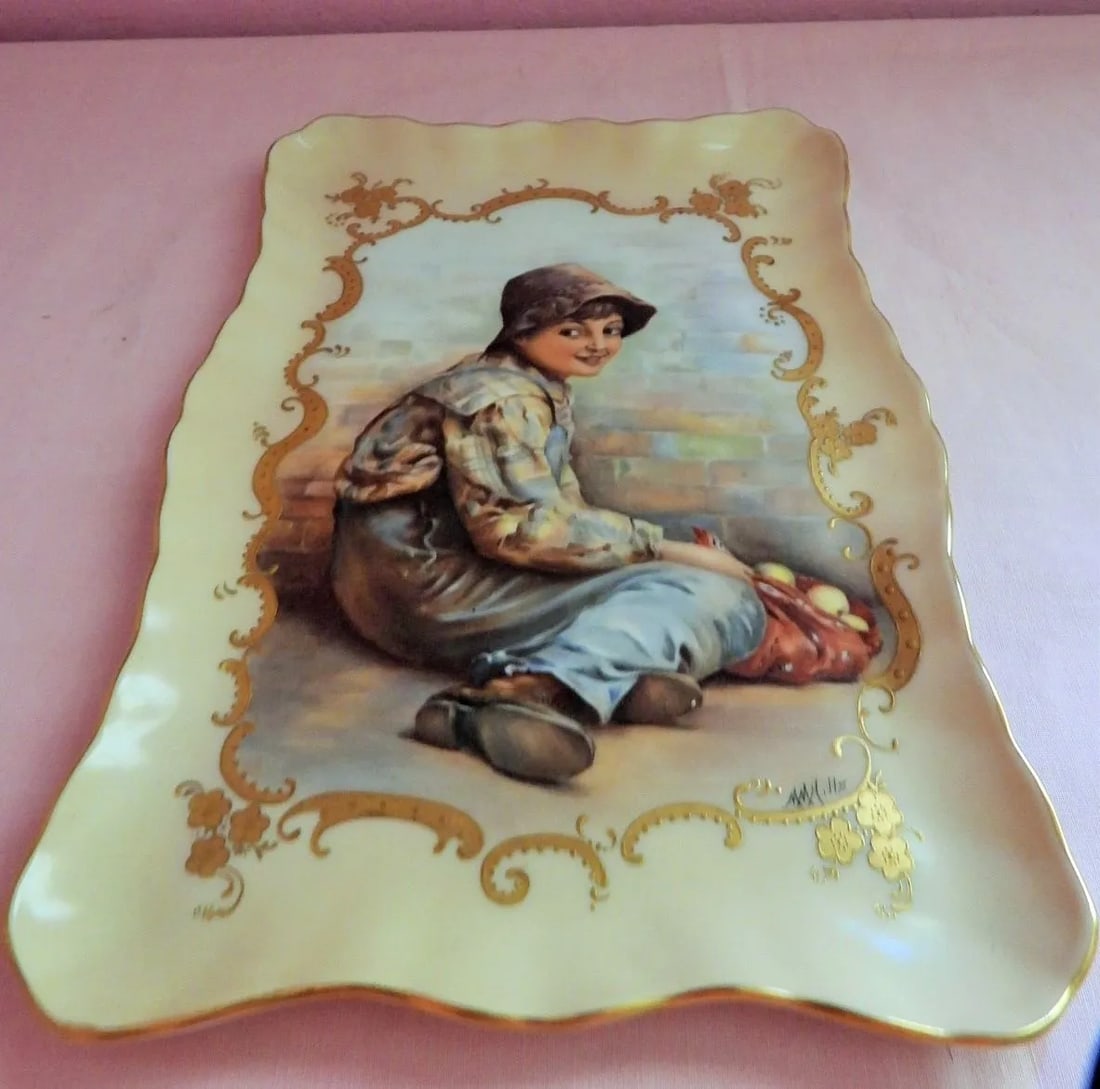 French Elite Limoges Hand Painted Apple Farm Girl Serving Tray Decorative Plaque Artist M M Hills 19 - 4