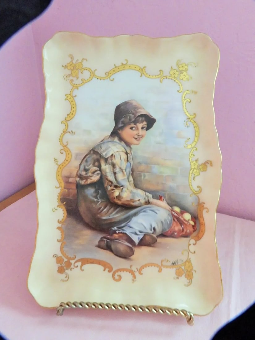 French Elite Limoges Hand Painted Apple Farm Girl Serving Tray Decorative Plaque Artist M M Hills 19 - 6