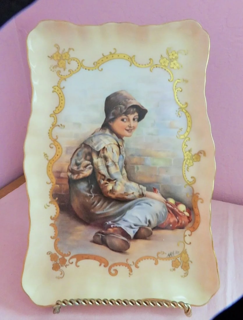 French Elite Limoges Hand Painted Apple Farm Girl Serving Tray Decorative Plaque Artist M M Hills 19 - 7
