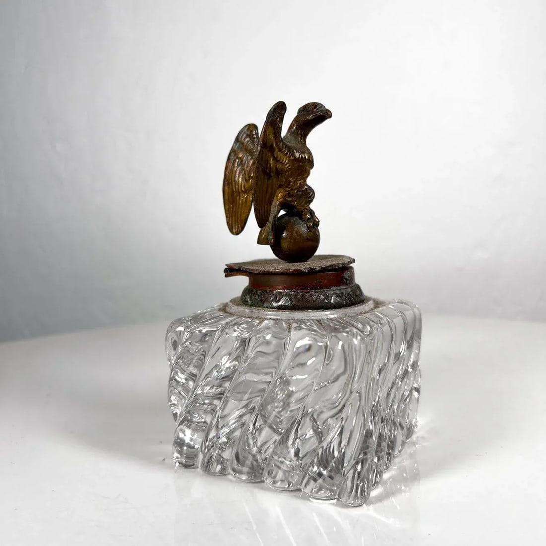 Antique Vintage Cut Crystal Inkwell Brass Eagle Top - 10