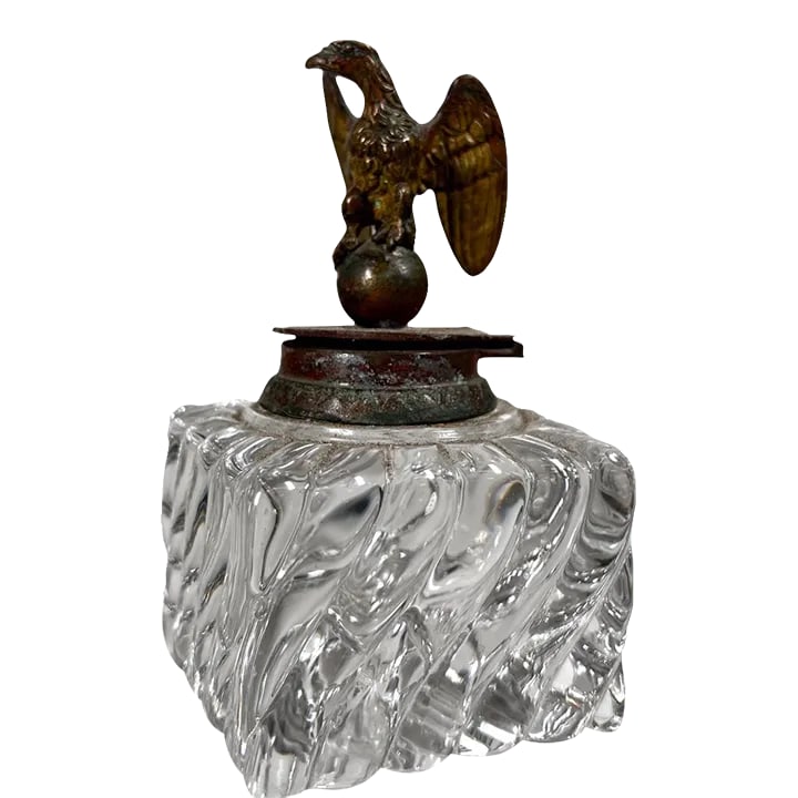 Antique Vintage Cut Crystal Inkwell Brass Eagle Top: For your consideration, an antique vintage cut crystal inkwell brass eagle top. Dimensions: 5.25 H x 3 D x 3 W Preowned original vintage condition Please see all images. Please visit take a look at