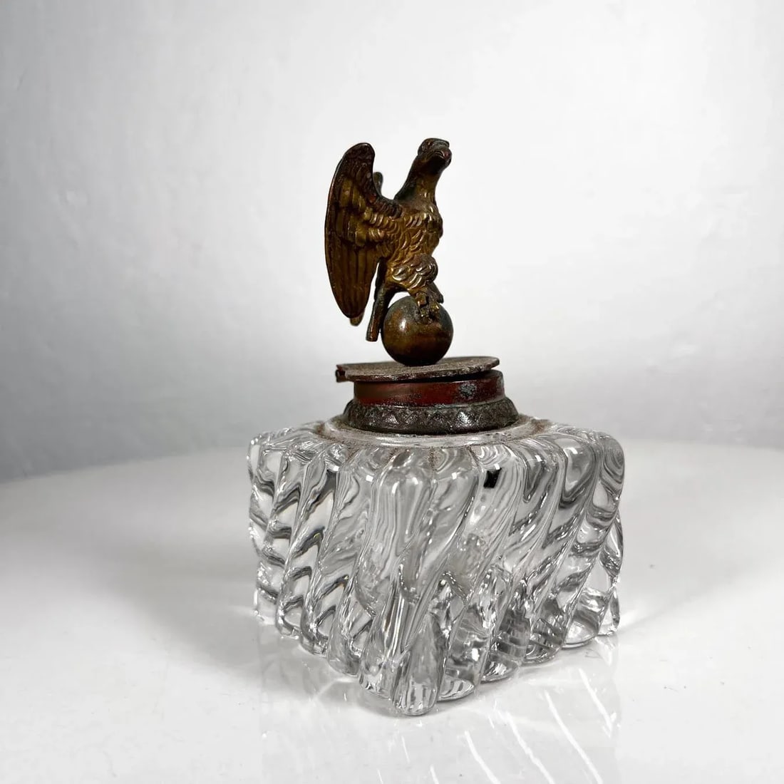 Antique Vintage Cut Crystal Inkwell Brass Eagle Top - 2