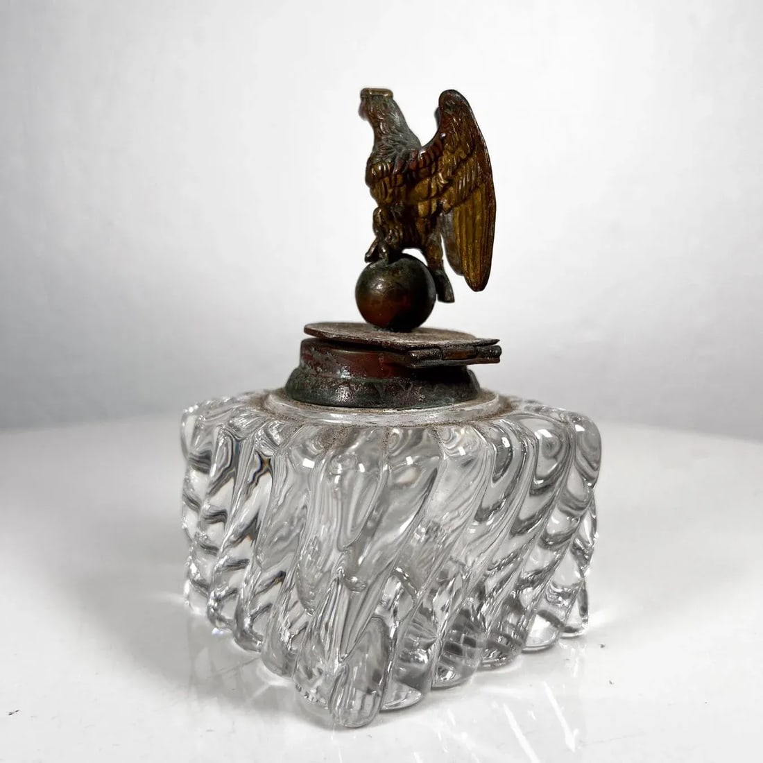 Antique Vintage Cut Crystal Inkwell Brass Eagle Top - 3