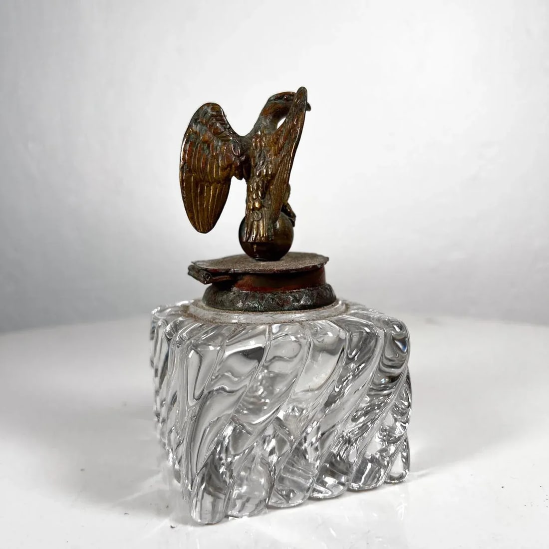 Antique Vintage Cut Crystal Inkwell Brass Eagle Top - 4