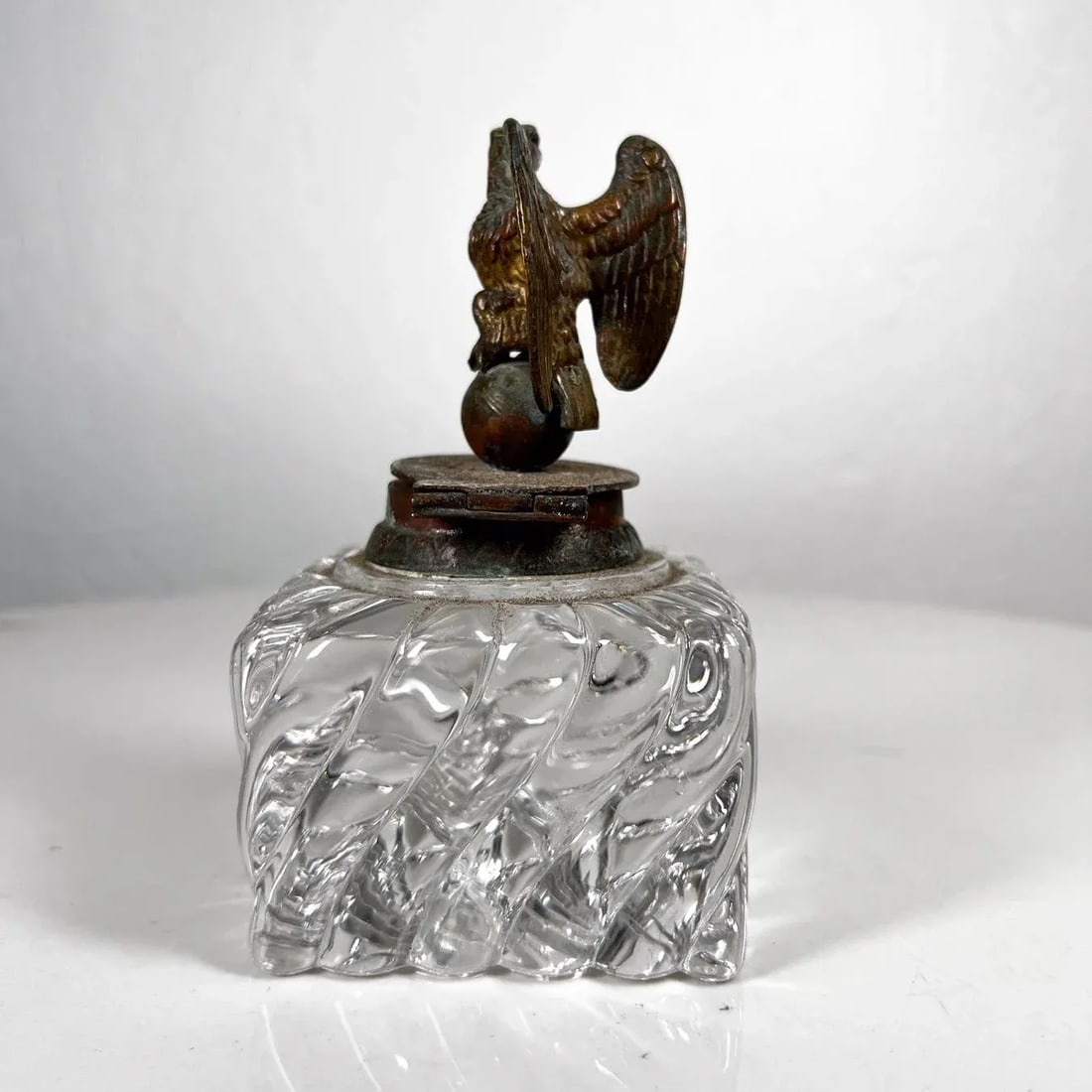 Antique Vintage Cut Crystal Inkwell Brass Eagle Top - 5