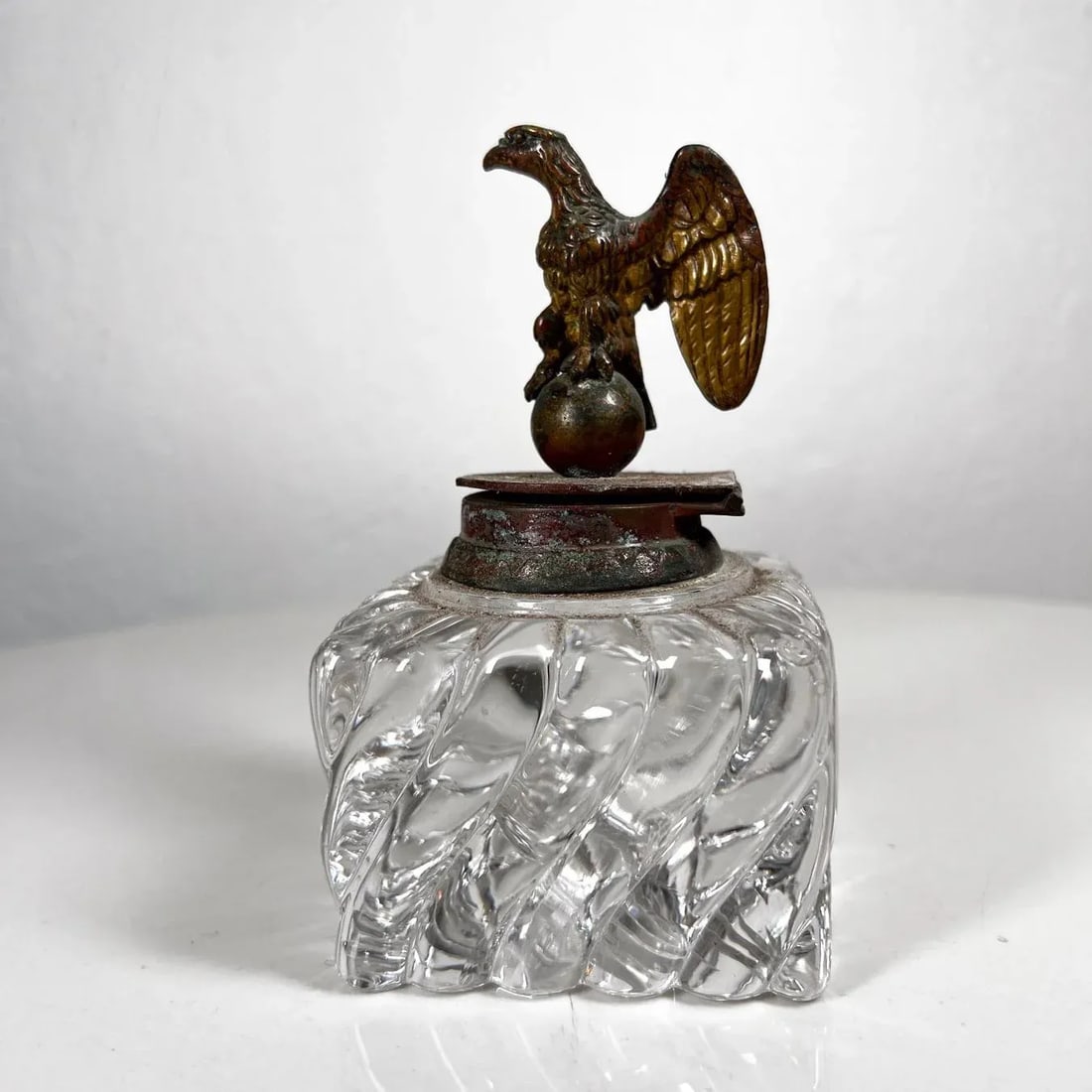 Antique Vintage Cut Crystal Inkwell Brass Eagle Top - 6