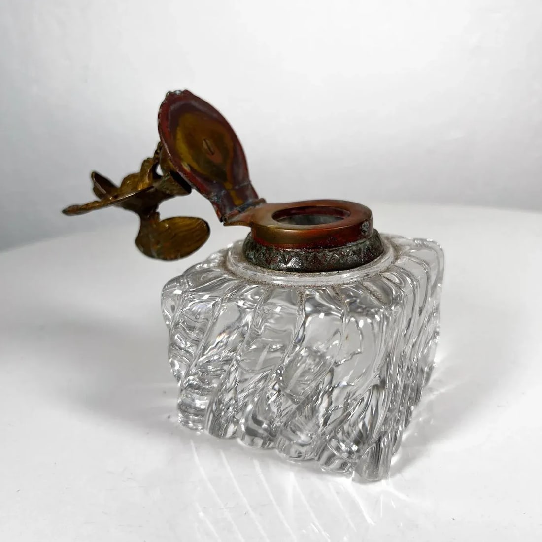 Antique Vintage Cut Crystal Inkwell Brass Eagle Top - 7