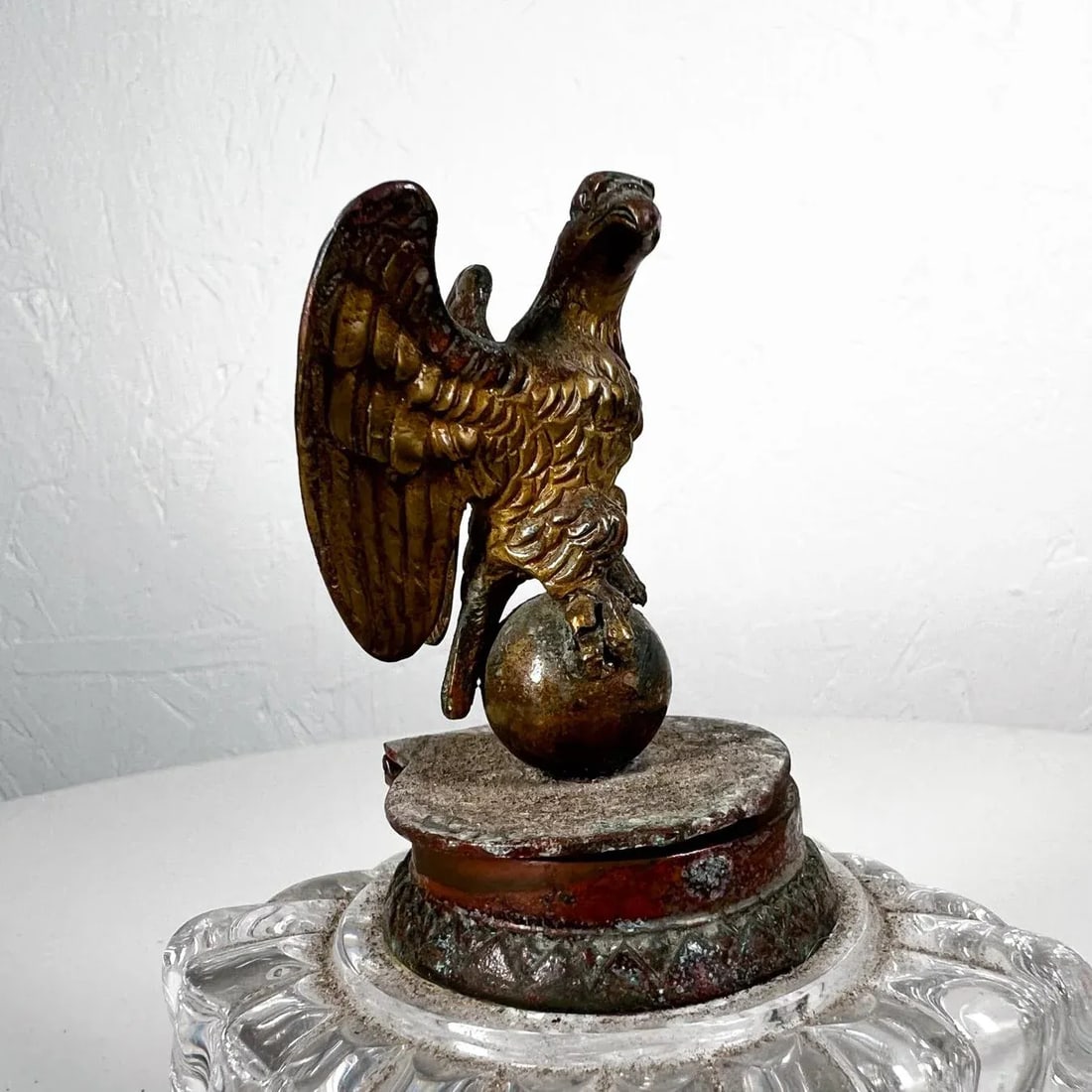 Antique Vintage Cut Crystal Inkwell Brass Eagle Top - 8