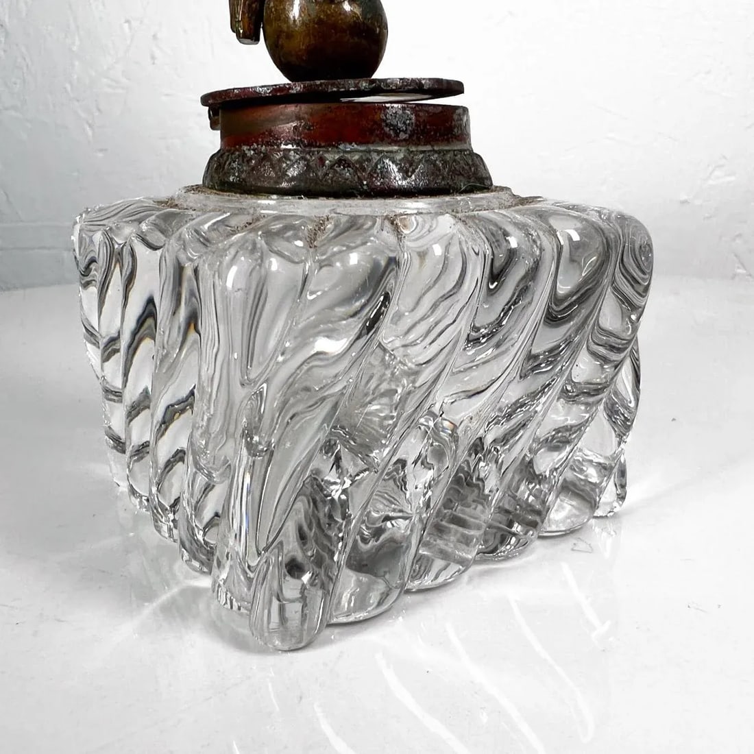 Antique Vintage Cut Crystal Inkwell Brass Eagle Top - 9