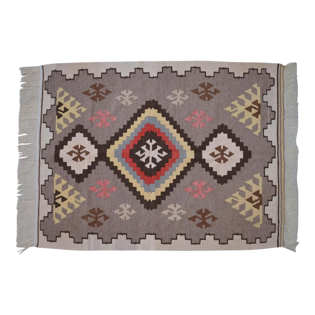 1980s Navajo Style Kilim Rug Hand Woven Flat Weave Area Rug 3x4 Ft: An exceptional example of contemporary Anatolian folk art, this handwoven Adana flatweave beautifully bridges historical regional techniques with universal tribal aesthetics. Woven in the early 2000s 