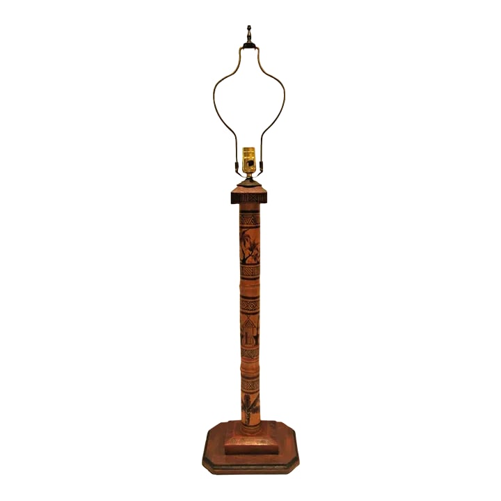 1940s Madagascar Hand Painted Scene Tall Bamboo Column Table Lamp: Antique Madagascar Hand Painted Scene Tall Bamboo Column Table Lamp Comes from an antique Madagascar estate. Measures 9 1/2" wide, 6 3/4" deep and 30" tall to the top of the socket. Condition: