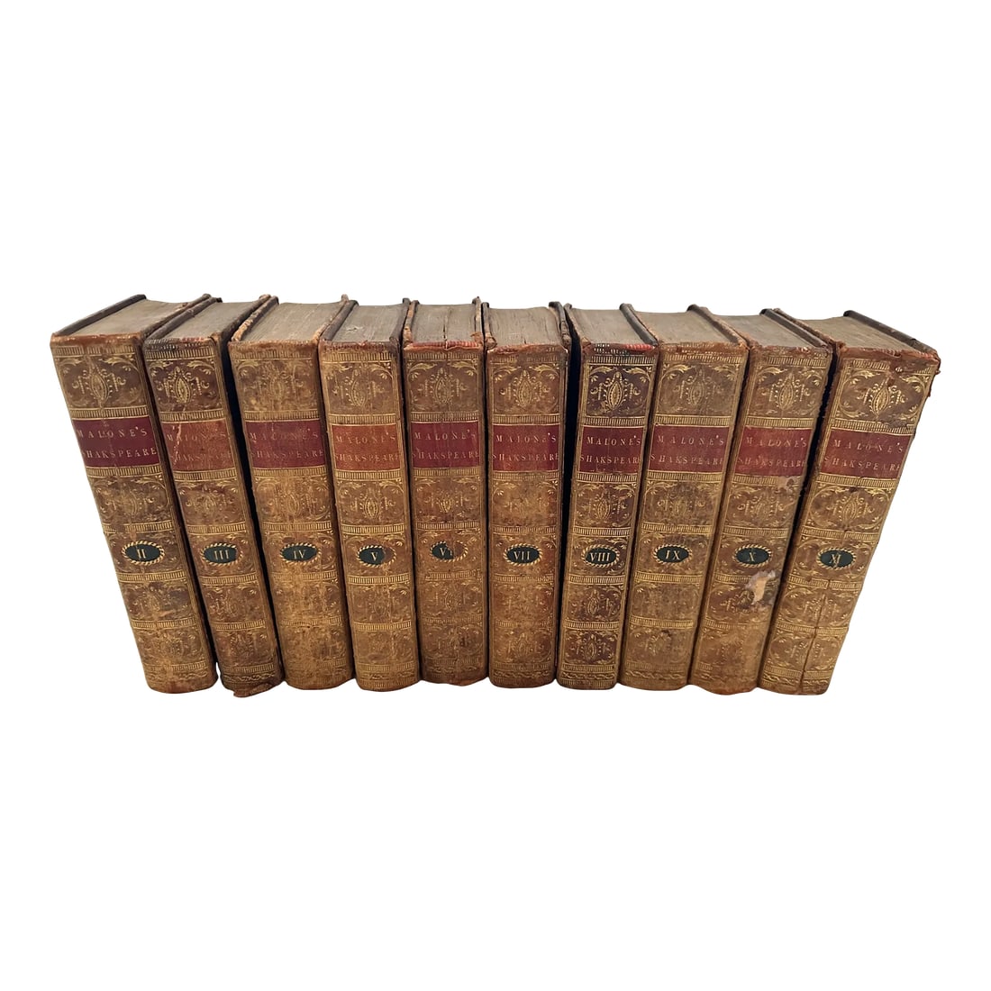 18th C. The Play's & Poems Malone's Shakespeare Leather Bound Books-A Set: The Plays of William Shakspeare. Accurately printed fromt the text of Mr. Malon's Edition set of 10 Antique Leather Bound / Gold Gilt Malone's Shakespeare Books. London , Published May 8, 1789 by J.