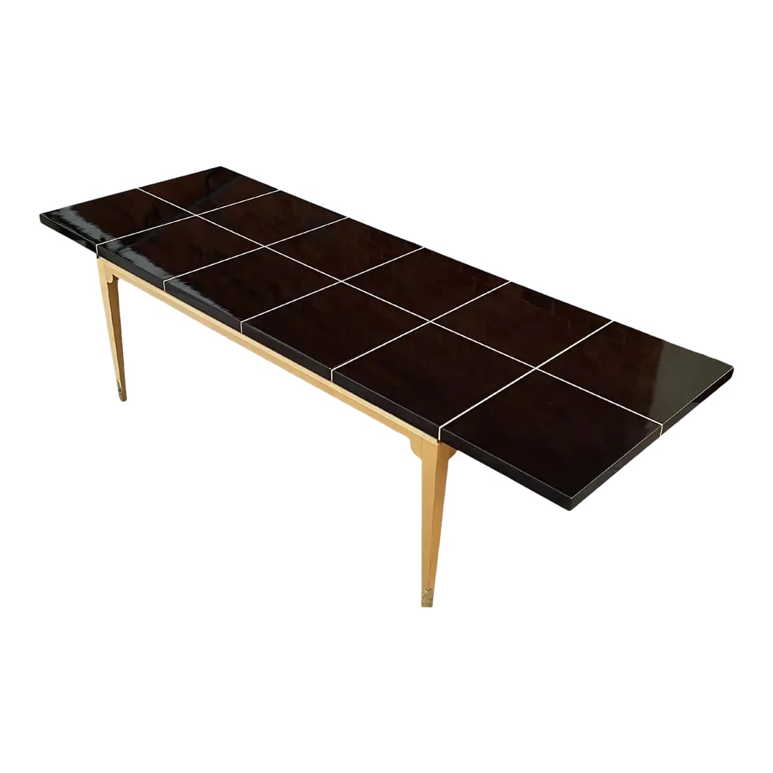 Parzinger # 161 Mid-Century Modern Laquered Mahogany & Maple Dining Table: Breathtaking No. 161 dining table by Tommi Parzinger for Parzinger Originals featuring an inlaid dark mahogany lacquered top inlaid with contrasting maple and laquered maple legs terminating in elegan